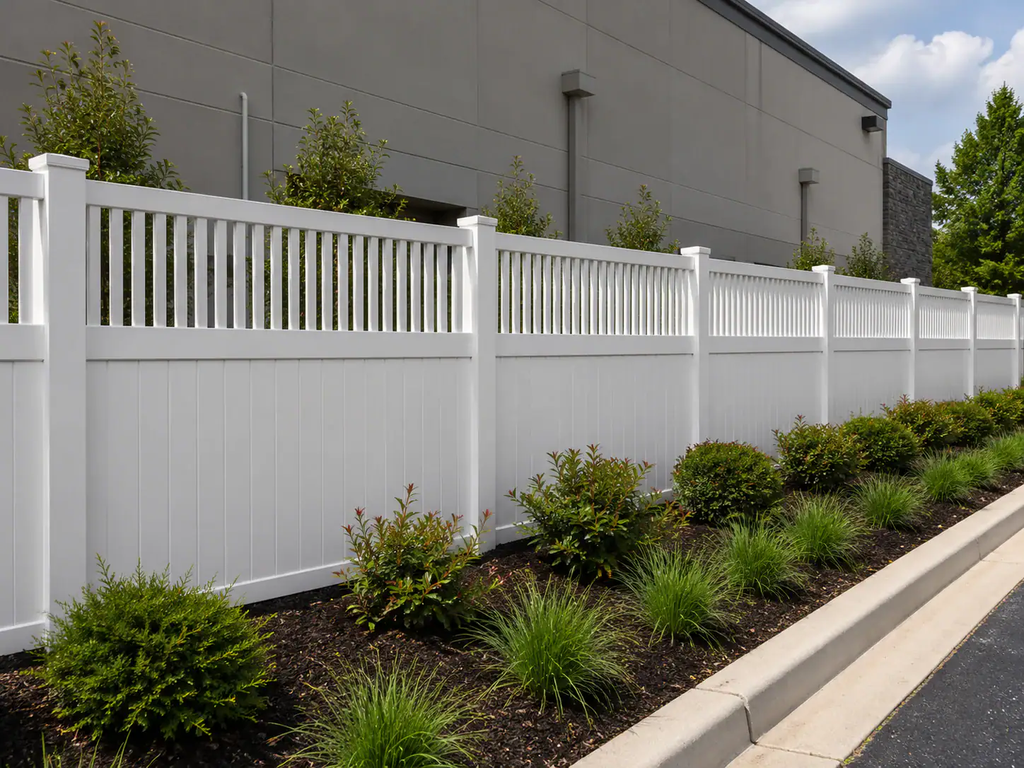 A white vinyl privacy fence borders landscaped bushes and grass by a building and parking lot.