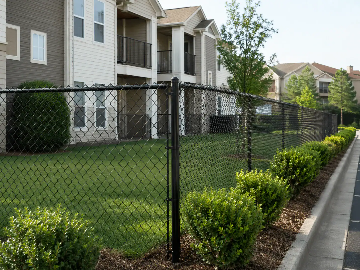A black chain link fence borders a green lawn and bushes in front of several apartment buildings.