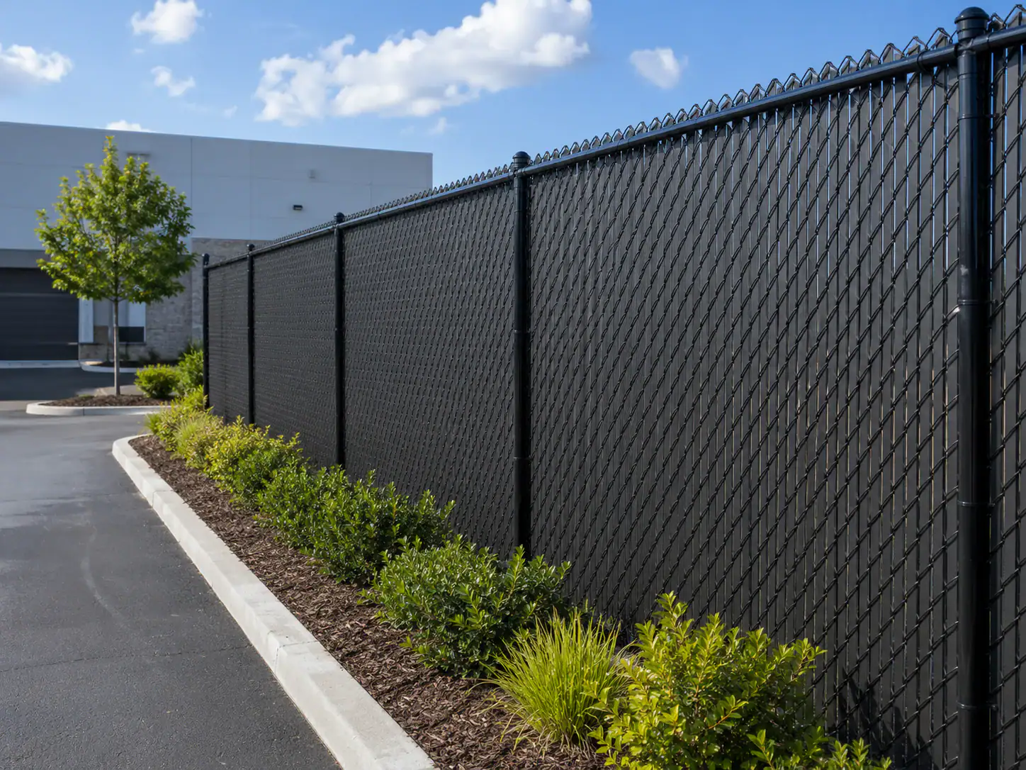 Black chain-link fence with privacy slats, small bushes, and a tree in a parking lot by a building.