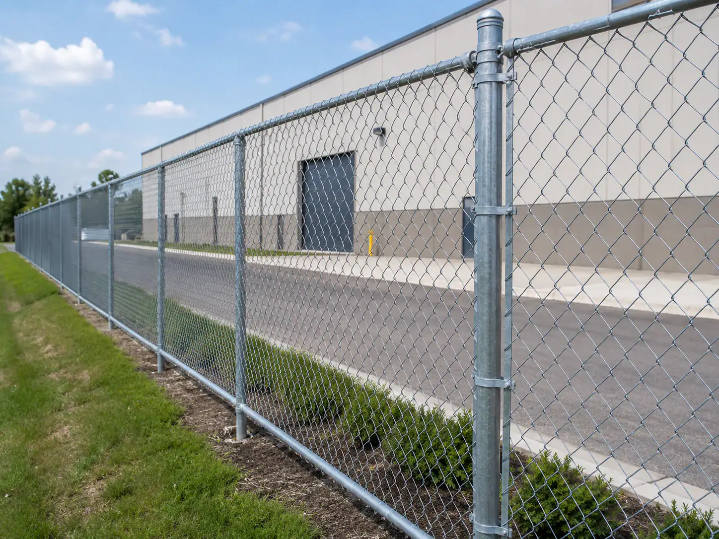 A chain-link fence lines a driveway beside a warehouse under a partly cloudy sky.
