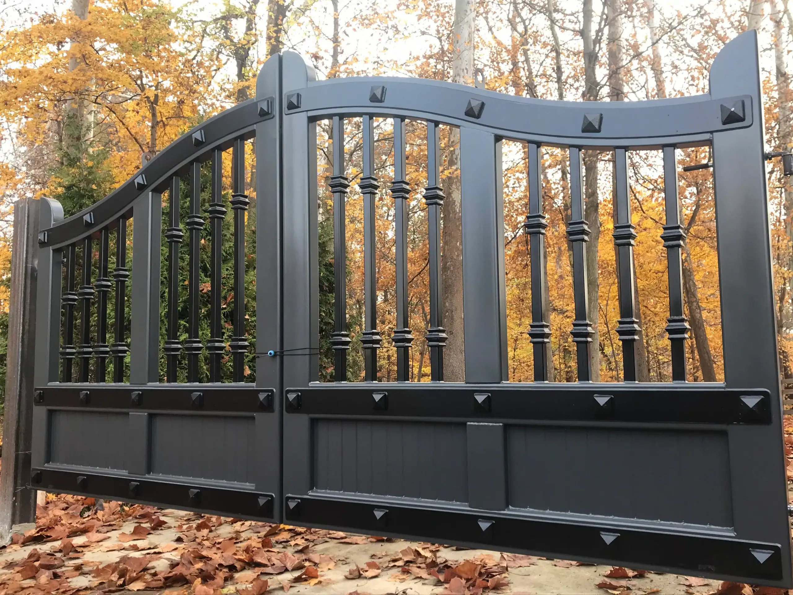 Black metal gate with vertical bars stands amid autumn trees, orange and yellow leaves covering the ground.