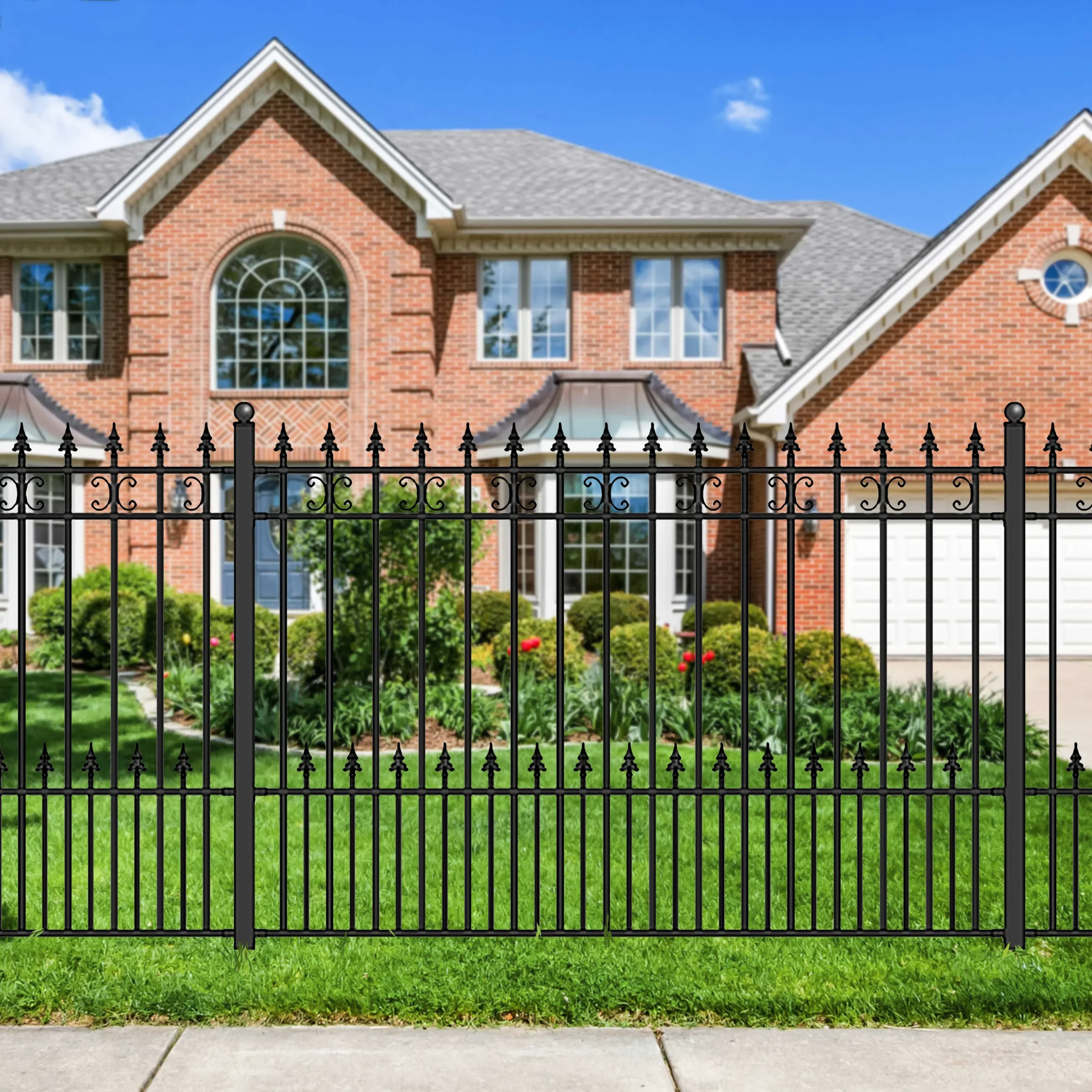 Ornamental black metal fence with spear-top pickets
